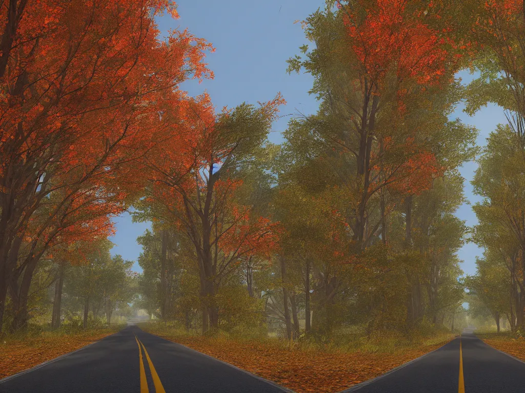 Image similar to Going to the end of the road, there are maple trees on both sides of the road, and maple leaves are floating in the air, Vanishing Point, hdr, ue5, unreal engine 5, cinematic 4k wallpaper, ultra detailed, high resolution, artstation, award winning.