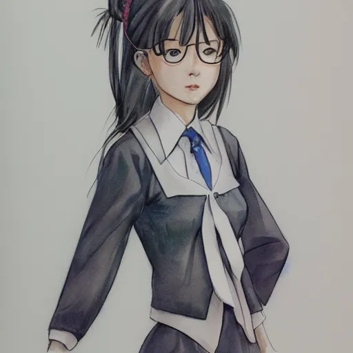 Image similar to a perfect, realistic professional digital sketch of a Japanese schoolgirl in style of Marvel, full length, by pen and watercolor, by a professional American senior artist on ArtStation, a hollywood-style sketch, on high-quality paper