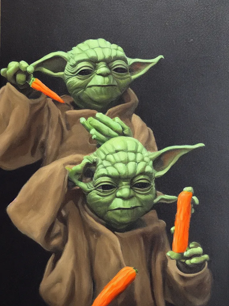 Image similar to old oil painting of a yoda eating carrot while standing on a darth vader helmet, trending on artstation