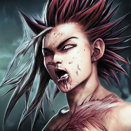 Image similar to fistfight, bloody, warrior girl, muscular girl, wild spiky black saiyan hair, long spiky hair, electrified hair, fistfighting demons, ultra realistic, intricate details, highly detailed, subsurface scattering, photorealistic, octane render, 8 k, art by artgerm, greg rutkowski, magali villeneuve, alphonse mucha