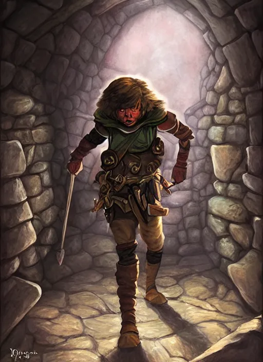 Image similar to A fantasy comic book roleplaying game style portrait painting of a halfling rogue sneaking in a cavern, DAZ, hyperrealistic, ambient light, dynamic light