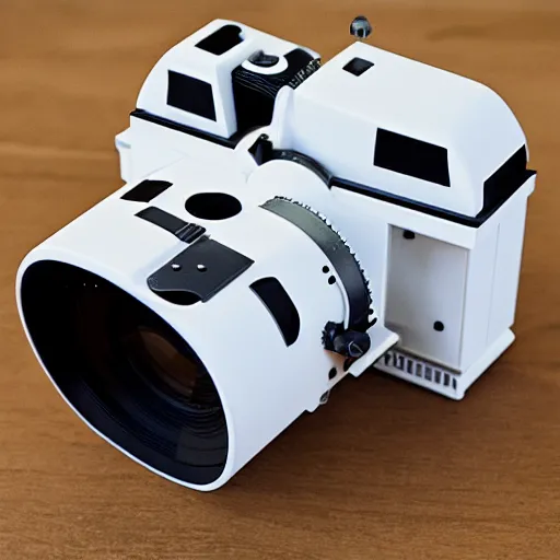 Image similar to photograph of a Stormtrooper inspired medium format TLR camera!!! . very detailed. plain background. 8K . still life photo. elegant vintage design.