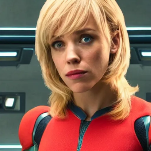 Image similar to rachel mcadams playing the role of samus in the new metroid movie, film still, 4 k, highly detailed, dramatic lighting