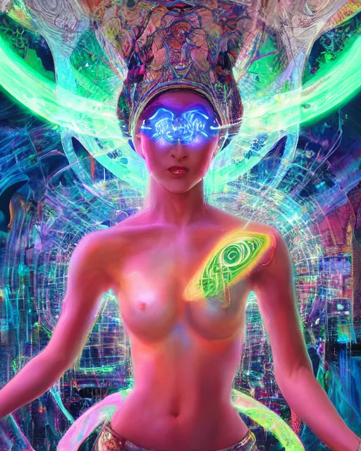 Image similar to a powerful energy psychedelic matrix priestess, by alexander fedosav, hyper detailed digital matte painting, concept art, hyperrealism, 1 6 k resolution, cinema 4 d, 8 k resolution, trending on artstation, behance hd, a masterpiece, by stephan martiniere, particles, cel - shaded, power bright neon energy, by david a. hardy,