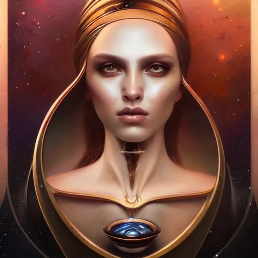 Prompt: a beautiful portrait of a celestial goddess by Jim Burns and Tom Bagshaw, Trending on Artstation, universe background