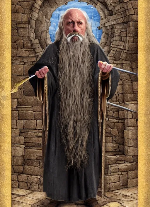 Image similar to highly detailed, hyper realistic wizard with a dungeon background