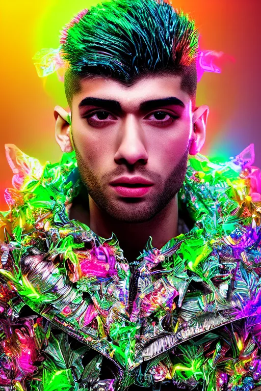 Prompt: hyper detailed ultra sharp portrait of baroque and bladerunner delicate neon ruby sculpture of seductive albino zayn malik gorilla green radioactive humanoid deity wearing metallic hoody made out of leaves holding the sun prismatic dungeon, glowing rainbow face, crown of white diamonds, cinematic lighting, photorealistic, octane render 8 k depth of field 3 d