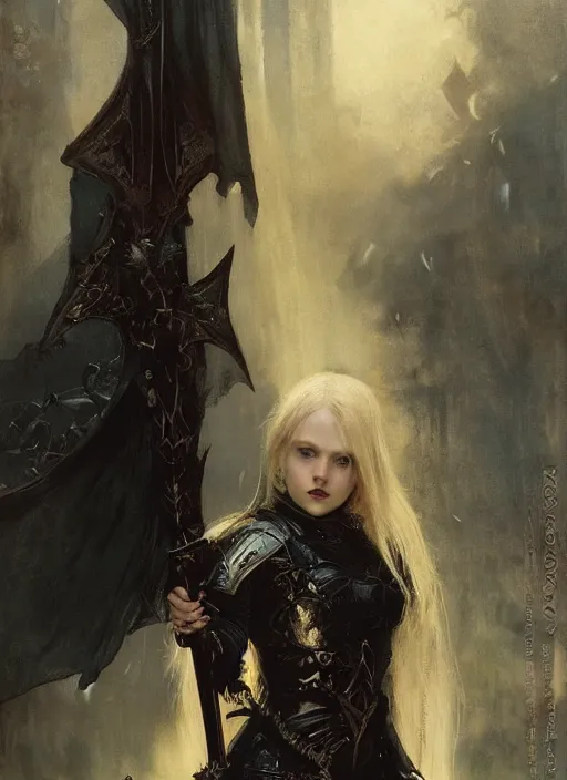 Image similar to young blonde vampire girl with long fangs wearing black medieval armour, by gaston bussiere, bayard wu, greg rutkowski, giger, maxim verehin, greg rutkowski, masterpiece, sharp focus, cinematic lightning