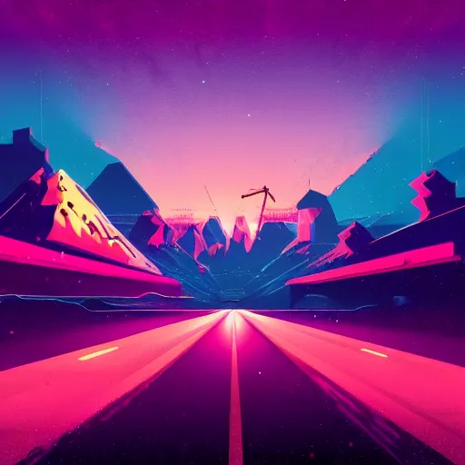 Prompt: Retrowave landscape, synthwave music, digital painting, vivid, album cover, artstation