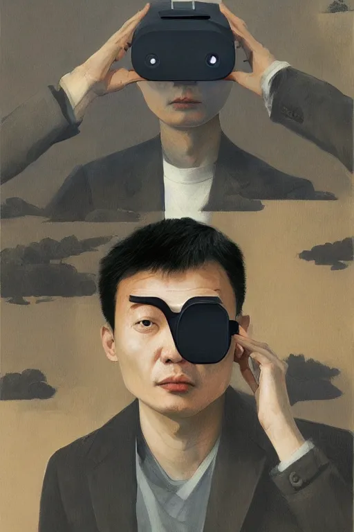 Image similar to Changpeng Zhao wearing oculus and Binance over his head Edward Hopper and James Gilleard, Zdzislaw Beksisnski, highly detailed