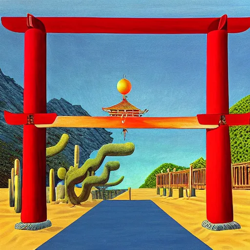 Prompt: a beautiful shinto shrine made with locally available materials and colors, standing in the desert southwest, rob gonsalves painting