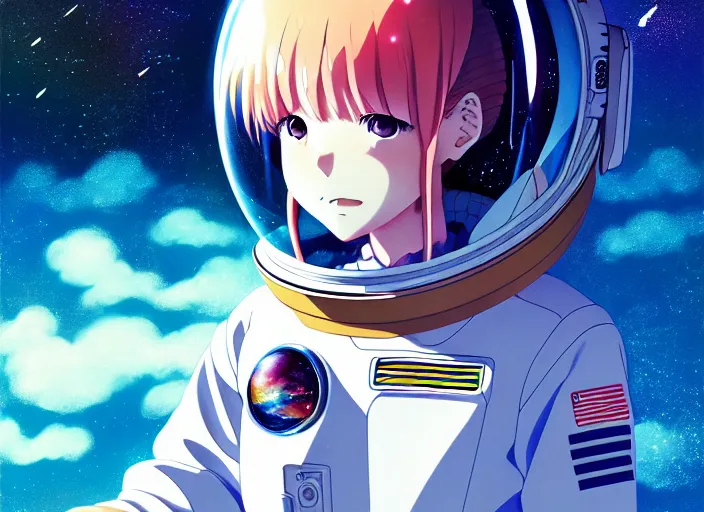 Image similar to anime portrait of a young astronaut girl floating inside a spacestation, Karolis Strautniekas,omoide emanon, tsuruta kenji, murata range,kawaii, kyoto animation, manga, intricate, detailed, studio lighting, gradation,editorial illustration, matte print, Ilya Kuvshinov