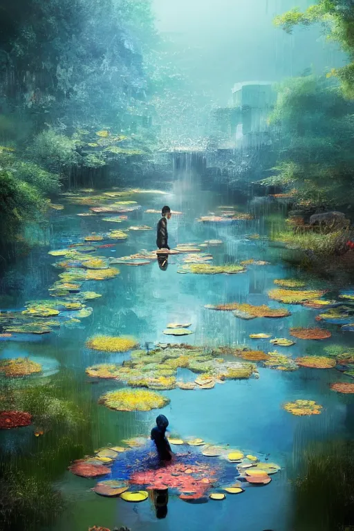 Image similar to nenufar in a pond, colorful, blue backgroung,clean, joyful, intricate, elegant, volumetric lighting, scenery, digital painting, highly detailed, artstation, sharp focus, illustration, concept art, ruan jia, steve mccurry