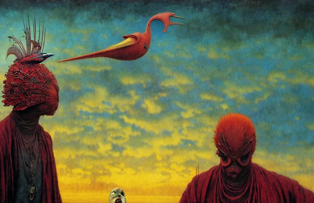 Image similar to realistic detailed portrait movie shot of a birdman wearing dark ragged robes, sci fi city sunset landscape background by denis villeneuve, amano, yves tanguy, alphonse mucha, ernst haeckel, max ernst, roger dean, masterpiece, rich moody colours, bird head, blue eyes