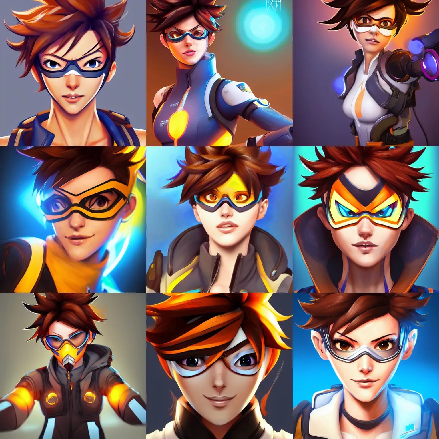 Prompt: Tracer from Overwatch, centered, face forwards, professional art, detailed digital art, 2d, stylized, beautiful, colorful, clean, warm lighting, Krita, Artstation, Pinterest