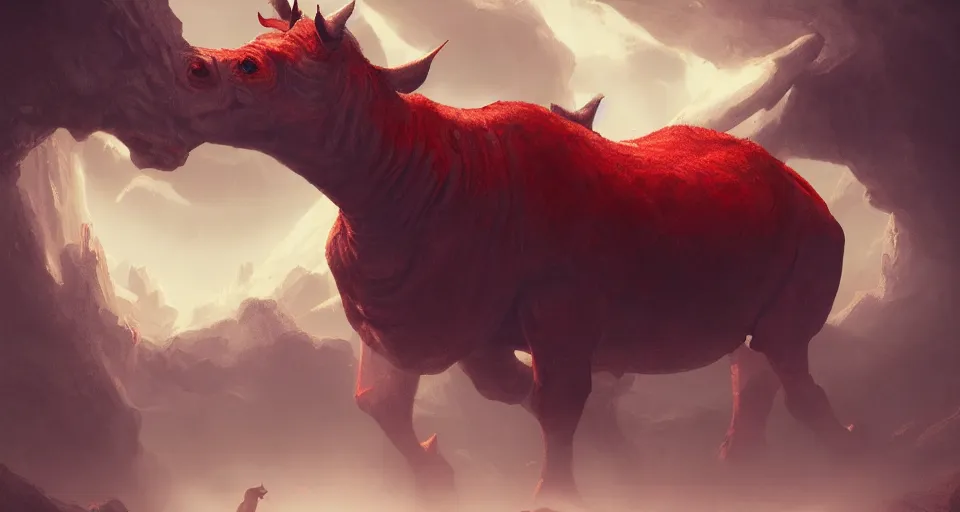Image similar to a red rhino in the bone kingdom, beautiful, soft lighting, artstation, storybook,