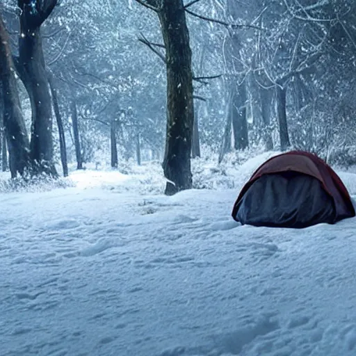 Image similar to a movie still from final fantasy live action, a traveler camping alone in the snow