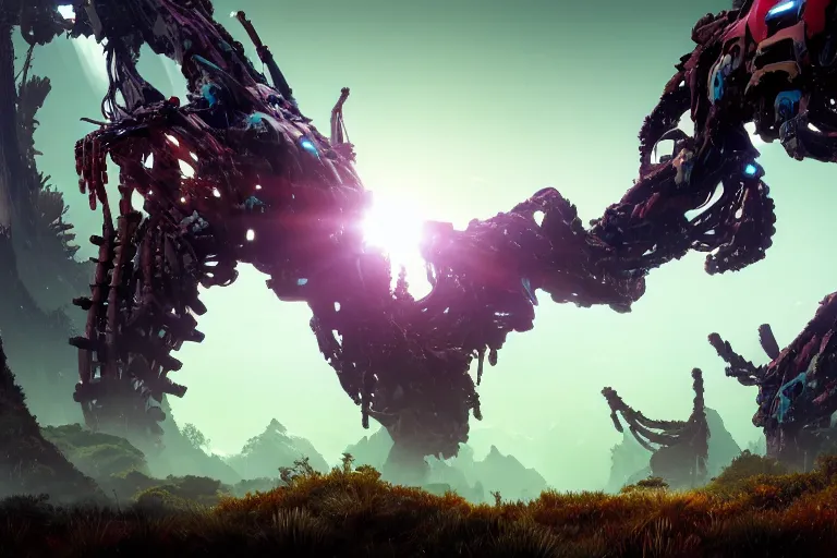 Image similar to wide epic shot. a hyper detailed fanghorn evangelion realistic mechanical and organic creature similar look as horizon forbidden west horizon zero dawn, bioluminiscence in a dark deep forest at dawn in spring, with reflection and textures, by kilian eng, substance painter reaslitic mech surface metal painted scratches, world env from horizon forbidden west horizon zero dawn