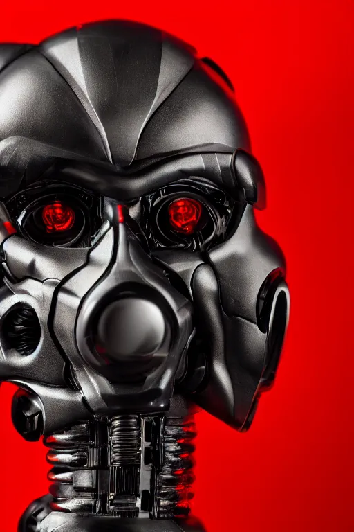 Prompt: photo of a carbon black cyborg, macro shot, dof, cinematic, volumetric lighting, studio shot, red light, 4 k