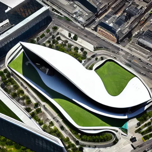 Image similar to The Nike swoosh stadium, architecture by Zaha Hadid, high resolution professional architecture photography