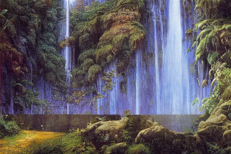 Prompt: hyperdetailed painting of a giant waterfall in the garden of eden, epic, rendered in octane, painted by alan lee, moebius, giovanni ghisolfi and jan baptist