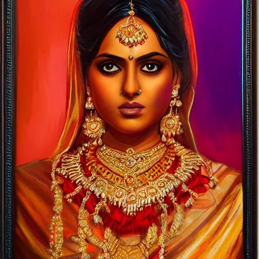 Image similar to Indian Bride, oil painting, portrait, intricate complexity, rule of thirds, face by Artgerm, character concept, dramatic lighting, complementary colors