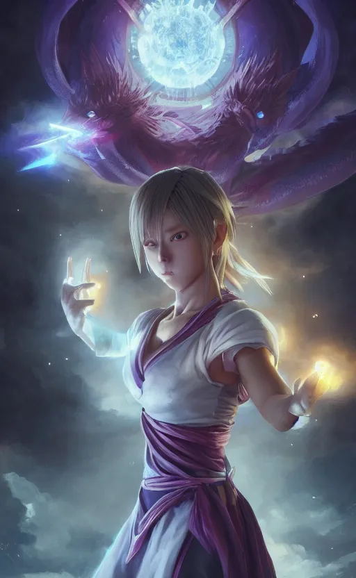 Image similar to a girl from final fantasy live action, dragon ball z, evocative, mystical night, very very very very detailed, award winning, masterpiece digital painting by greg rutkowski, alex grey, artstation, 4 k wallpaper