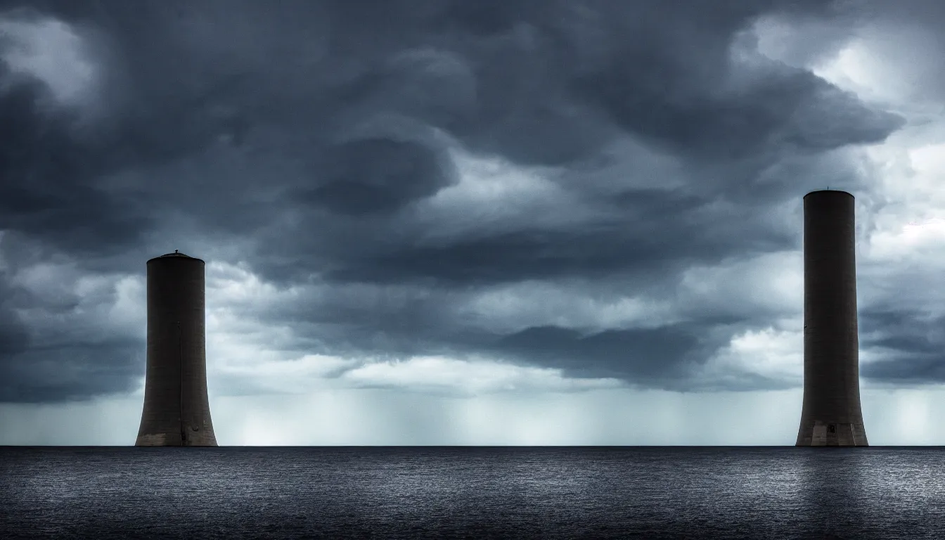 Prompt: lonely nuclear silo on the island, lake, windy waves, raining, storm, distant thunder, atmospheric, scary, claustrophobic, ambient vibe, very detailed, high resolution, 8 k