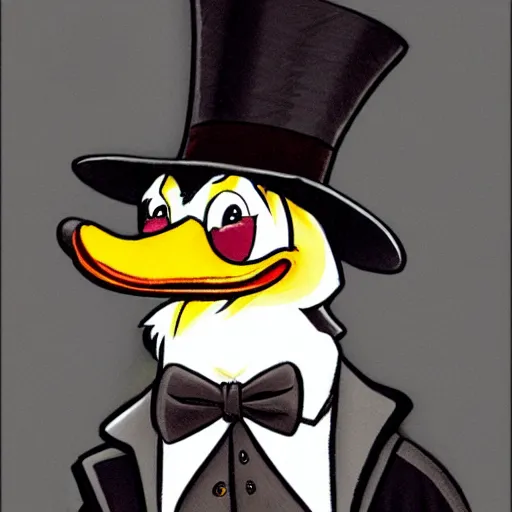 Image similar to a cartoon duck with a top hat and cane, a character portrait by Don Bluth, deviantart, furry art, character, deviantart hd, official art