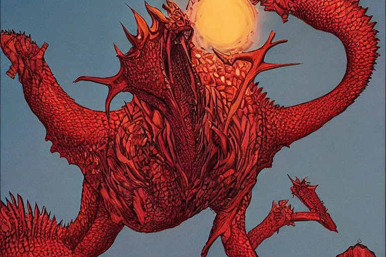 Image similar to red scaled dragon facing camera by larry elmore and vincent di fate