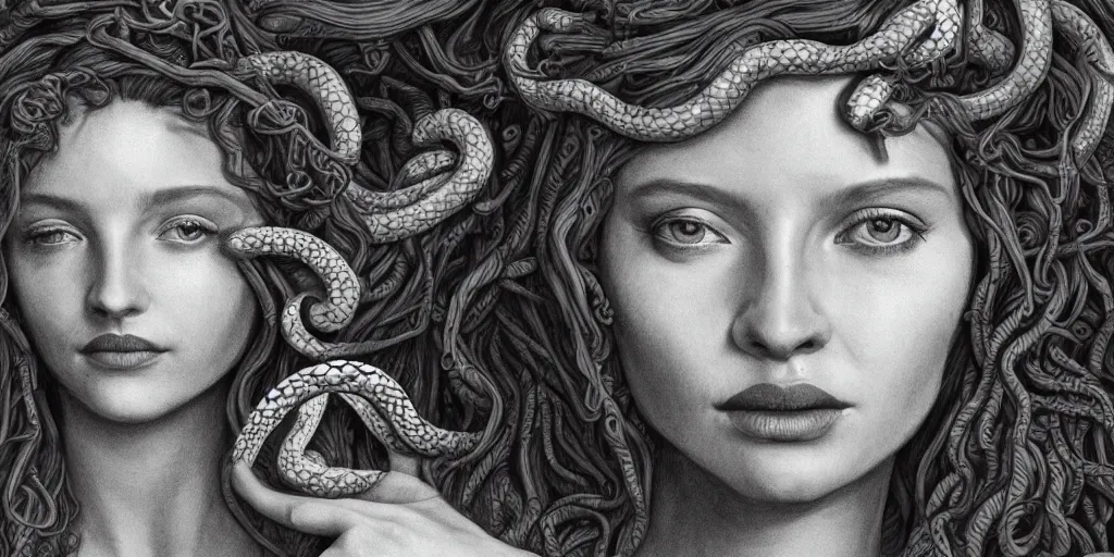 Image similar to realistic portrait of beautiful medusa with her snakes, golden, delicate, facing camera, hyper realism, 1 4 5 0, ink, ultra realistic, 8 k