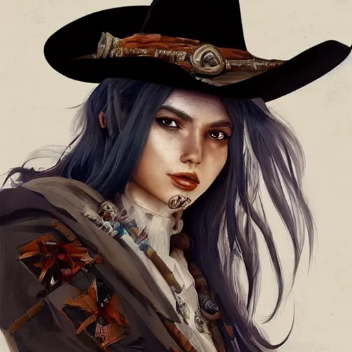 Image similar to beautiful cowboy witch, wild west, detailed, concept art, trending on artstation