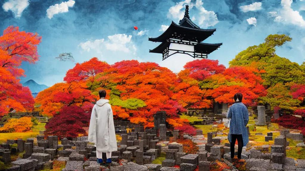 Image similar to a german photographer with dslr, at a vast temple under a vivid autumn sky, aomori japan, a collage painting, in the style of wes anderson, lola dupre, david hockney, isolated on negative white space background dark monochrome neon spraypaint accents volumetric octane render