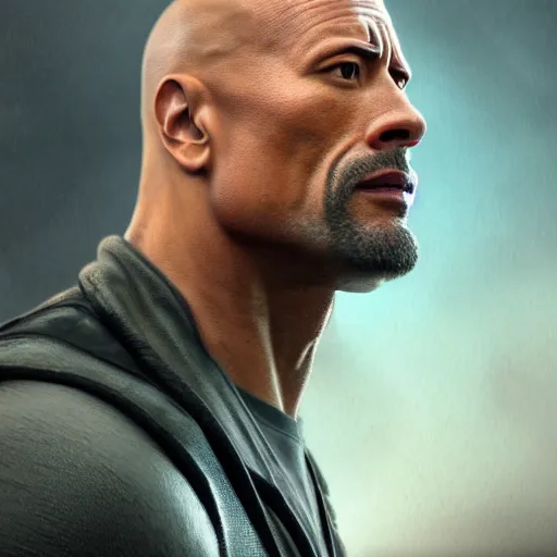 Image similar to close up of Dwayne Johnson, depth of field, 8k, 35mm film grain, unreal engine 5 render dramatic, intricate, elegant, highly detailed, digital painting, artstation, concept art, smooth, sharp focus, illustration, octane render, art by Leesha Hannigan, Ross Tran, Thierry Doizon, Kai Carpenter, Ignacio Fernández Ríos