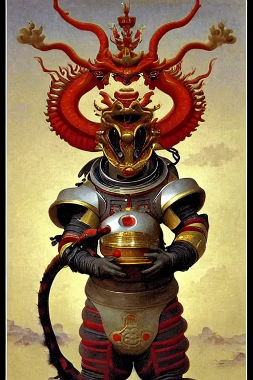 Image similar to a astronaut his face is chinese dragon head, in armor and chinese dragon helmet, by bouguereau