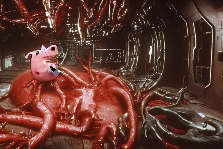 Image similar to peppa the pig infected by xenomorph from movie alien 1 9 7 9, staying at nostromo spaceship. extreme long shot, cinestill, giger, hermann nitsch, dark colors