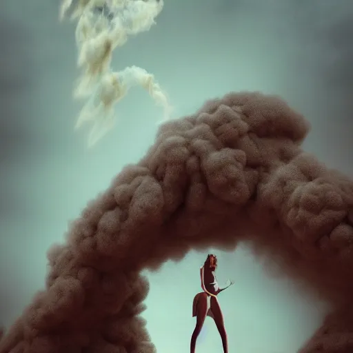 Prompt: a fashion model, creative, brown skin, digital art, photo manipulation, colossal, smoke, artstation, giant, standing, catwalk road,