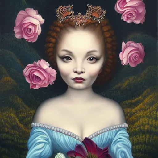 Image similar to a beautiful detailed portrait painting by Mark Ryden of the crazy noble in a serene landscape, rococo