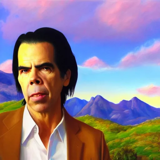 Image similar to a hyper realistic painting of nick cave floating in the sky above mountains