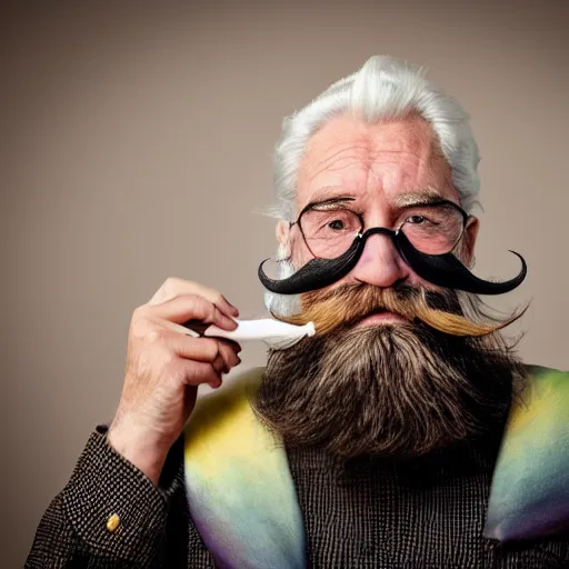 Image similar to a portrait of a wood-carved, painted, pastel colored, wooden, old-age, grumpy ship captain, white beard and mustache, pastel black uniform, tobacco pipe on his mouth, looking straight at the camera, children's toy, studio lighting, sharp