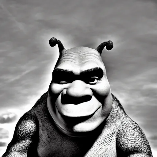 Image similar to shrek's dramatic photo, black and white, heavy grain