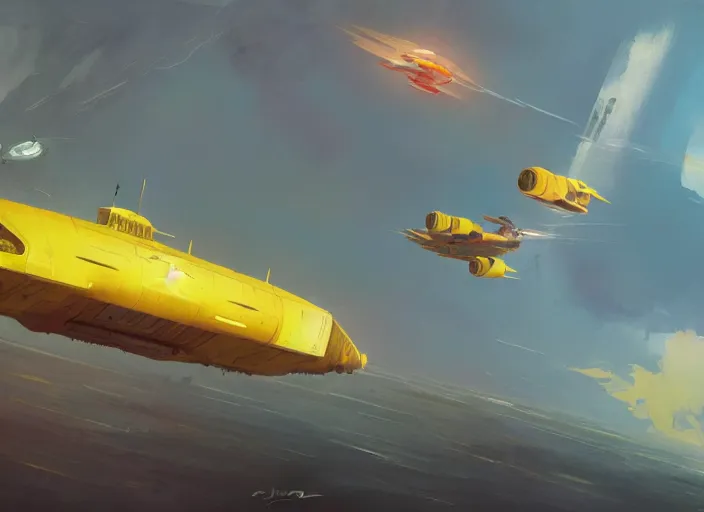 Image similar to a painting of a futuristic yellow submarine plane flying through the sky, concept art by Ian McQue, cgsociety, retrofuturism, artstation hq, concept art, sci-fi