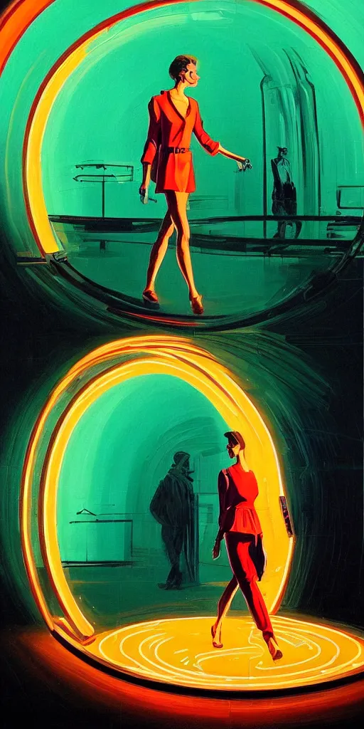 Image similar to a beautiful painting of a person walking out of a stargate by syd mead 8 k particulate neon light film grain