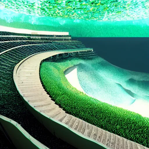 Prompt: octane render filtered lighting overgrown seaweed underwater movie theater amphitheater stage seats stadium 4 k