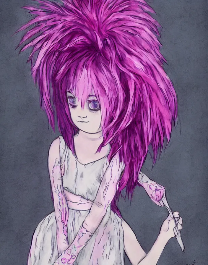 Image similar to little girl with eccentric pink hair wearing a dress made of purple feather, art by dcwj