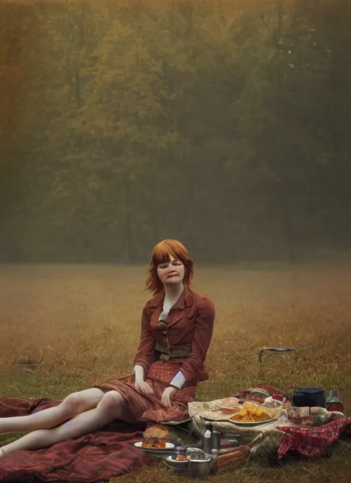 Prompt: portrait bust of emma stone having a picnic with tom holland, solemn expression, faded color film, russian cinema, tarkovsky, kodachrome, old cabin, next to window, heavy forest outside, long brown hair, old clothing, heavy fog, hudson river school, 4 k, dramatic lighting, greg rutkowski