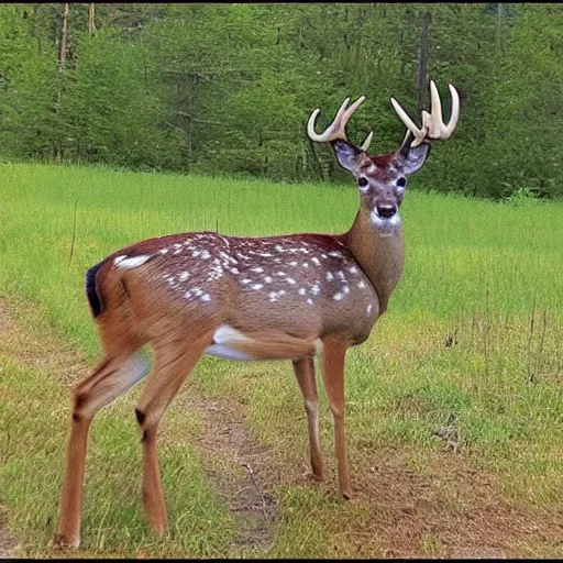 Prompt: trail cam footage of a deer without head with gigantic legs, low quality cursed video