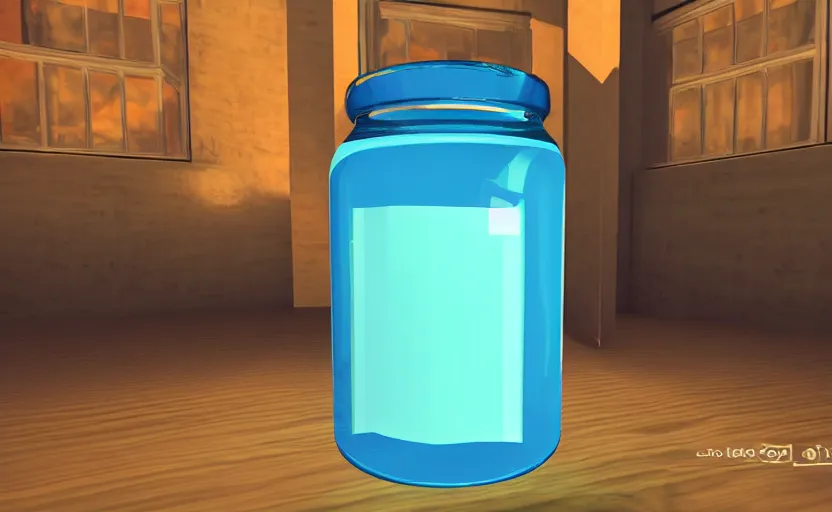 Image similar to a jar with bright cyan blue liquid in it, glowing, high detail, unreal engine