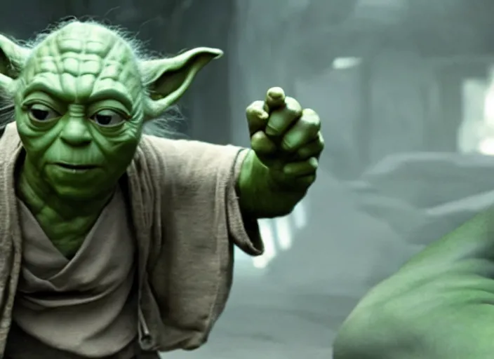 Prompt: a film still of yoda as hulk in the avengers 2 0 1 2