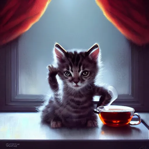 Prompt: Kitten drinking tea, dramatic scene, masterpiece digital painting by Greg Rutkowski, Alex Grey, artstation, 4k wallpaper